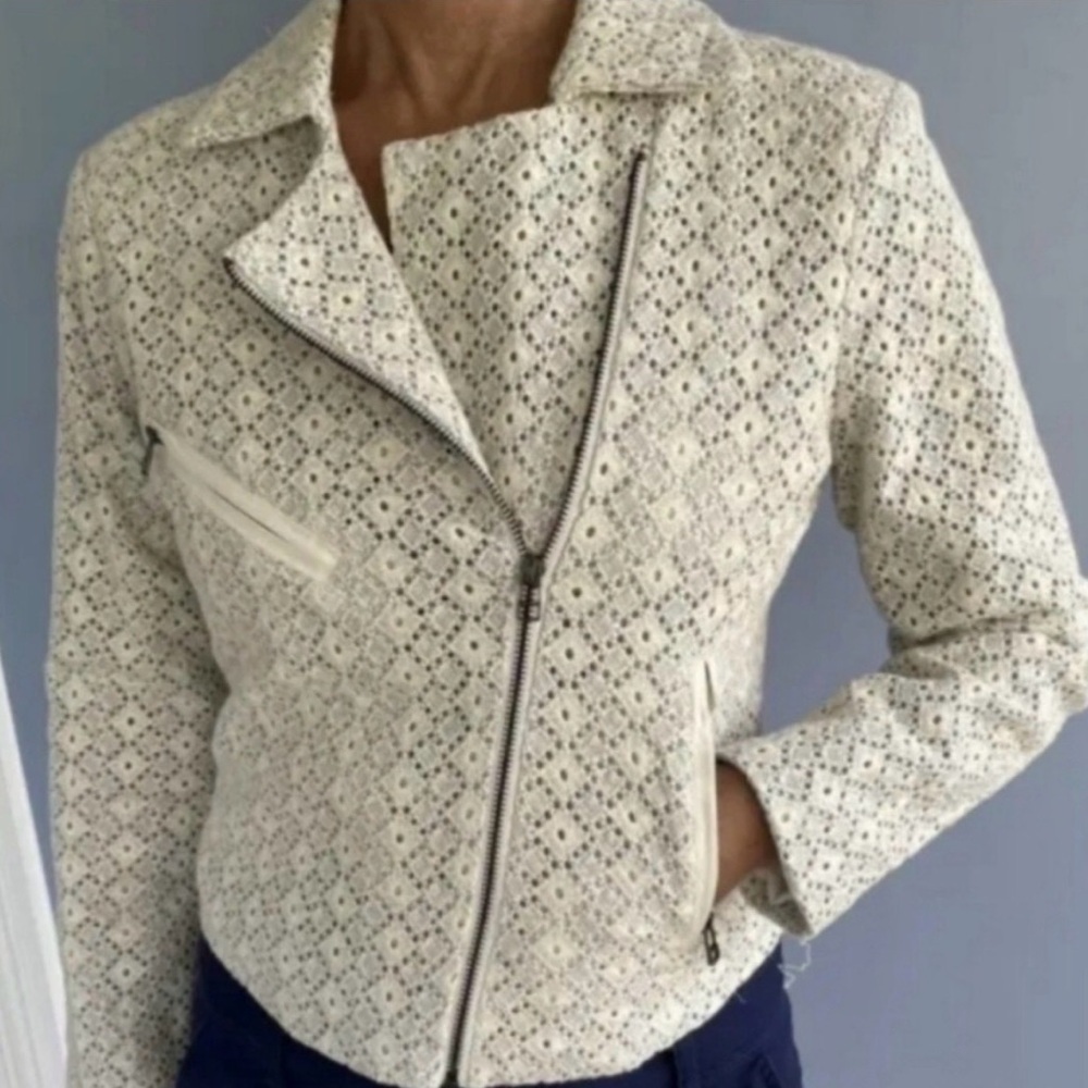 Dolan Women’s Rossi Moto Jacket Cream Light Blue Embroidered Zip Small Eyelet